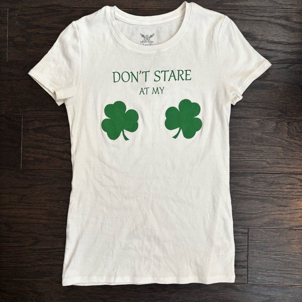 Faded Glory White Tee with Green Text Shamrocks